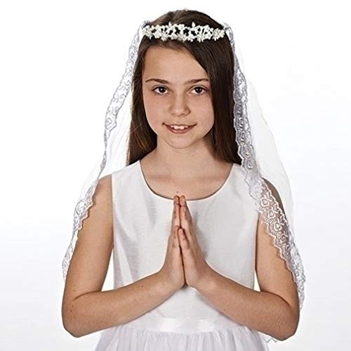 Roman Pearlescent Bead Encrusted Communion Tiara with 26 Inch Lace Trim Veil; Style Kate