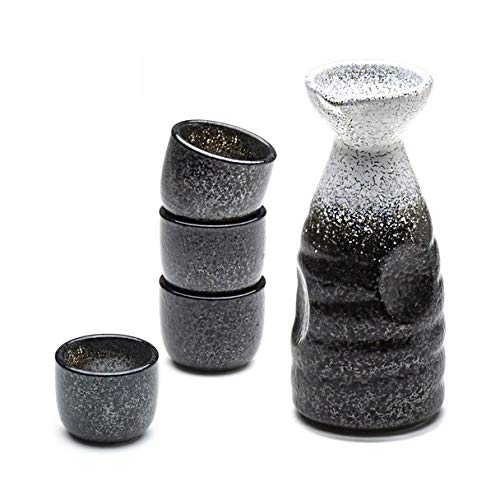 FMC Fuji Merchandise Porcelain Sake Set Half-Glaze, 1 Bottle & 4 Cups (Grey & White)