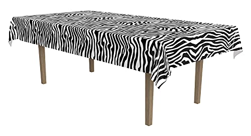 Beistle Plastic Disposable Rectangular Zebra Print Table Cover Bachelorette Birthday Party Supplies and Tableware, 54"x108", Black, White