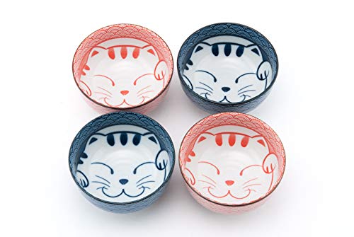 FMC Fuji Merchandise Japanese Porcelain Multi Purpose Bowl Set of 4 Maneki Neko Lucky Cat Meow Gift Set Made In Japan