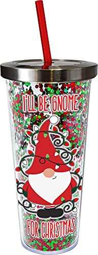 Spoontiques - Christmas Gnome - Acrylic Tumbler - Glitter Cup with Straw - 20 oz