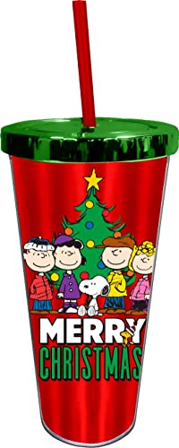 Spoontiques - Acrylic Foil Cup with Straw - 20 - Metallic Locking Lid with Straw - Double Wall Insulated - BPA Free - Peanuts Christmas Foil Tumbler