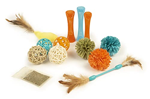 Worldwise Petlinks, Play Pack, Cat Toy Value Pack, Includes Balls, Mesh Flingers, Raffia Teasers, Wand Toy and Catnip, 12 Piece