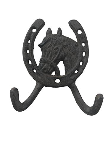 Comfy Hour Antique and Vintage Animal Collection Cast Iron Horse Head Horseshoe Double Key Coat Hooks Wall Hanger Clothes Rack, Heavy Duty Recycled