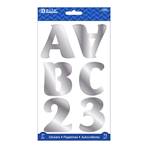 BAZIC Alphabet Numbers Stickers Silver Metallic Colors, 2" A to Z 0 to 9 Self-Adhesive Large Sticker for Kids Children DIY Cards (72/Pack), 1-Pack