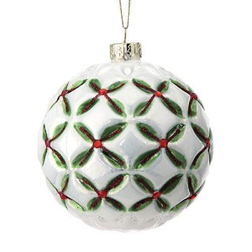 Regency International Floret Cross with Jewel Ball Hanging Ornament, 4-inch Diameter, Glass, White, Green, and Red
