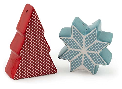 Boston International Holiday Ceramic Salt & Pepper Shakers, 2.5 x 3-Inches, Fancy Forest Star & Tree