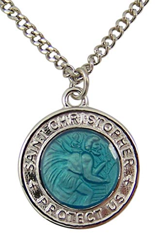 True Faith Jewelry Sterling Silver Saint Christopher Medal Pendant with Blue Enamel Overlay, 3/4 Inch