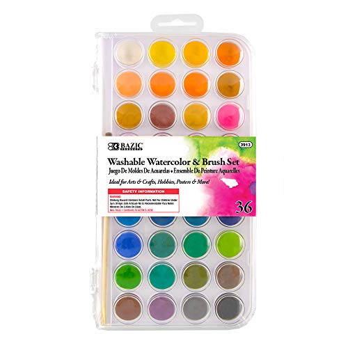 BAZIC Watercolor w/Brush & Mixing Palette, 36 Color Non-Toxic Paint Set, for Hobby Fun Art Supplies Vibrant Painting, Gift for Kids Artists, 1-Pack