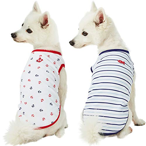 Blueberry Pet Soft & Comfy Summer Vacation Beach Cotton Dog T-Shirts, 2 Pack, Sea Lover Navy Sailor Shirts Tank Top Clothes, Back Length 10", for Small Dogs