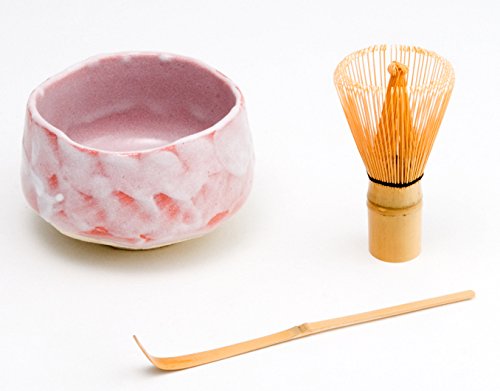 FMC Fuji Merchandise Hinomaru Collection Authentic Japanese Traditional Tea Ceremony Green Tea Matcha Bamboo Whisk Scoop and Chawan Bowl 3 Piece Gift Set Starter Kit - Made in Japan (Pink)