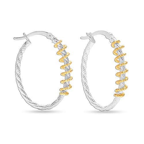 LeCalla Sterling Silver Jewelry Two-Tone Textured Oval Click-Top Hoop Earrings for Women Teen