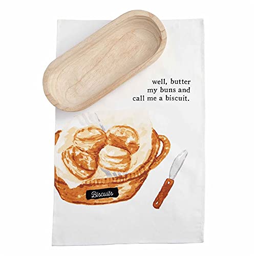 Mud Pie Paulownia Bread Bowl and Towel Set, bowl 2 1/2"x15"x6" | towel 26"x16 1/2",White,Brown