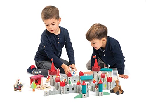 Tender Leaf Toys - Premium Royal Castle - 100 Pc Set - Wooden Castle Building Blocks Playset - Medieval Knights, Dragon, Jousting Themed