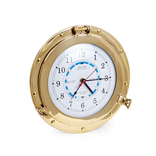 Nagina International 12" Solid Brass Porthole Tide & Time Clocks | Fully Functional Tidal Movement Prediction Clock | Moon Tidal Movement Indicator