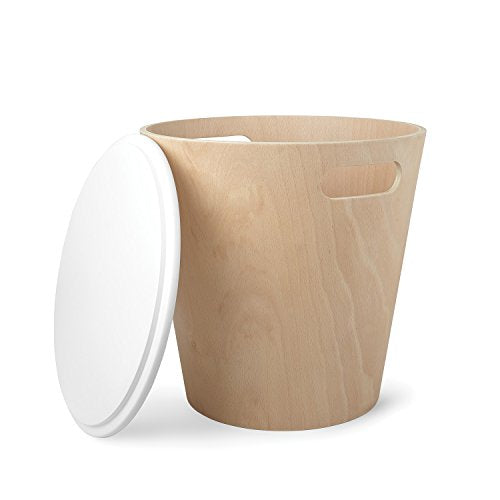 Umbra Woodrow, Modern Ottoman with Storage, Large Round Stool, Natural Wood/White