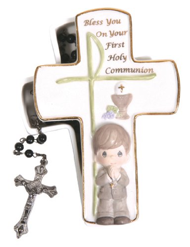 Precious Moments Communion Boy Covered Box with Rosary Figurine, Set of 2