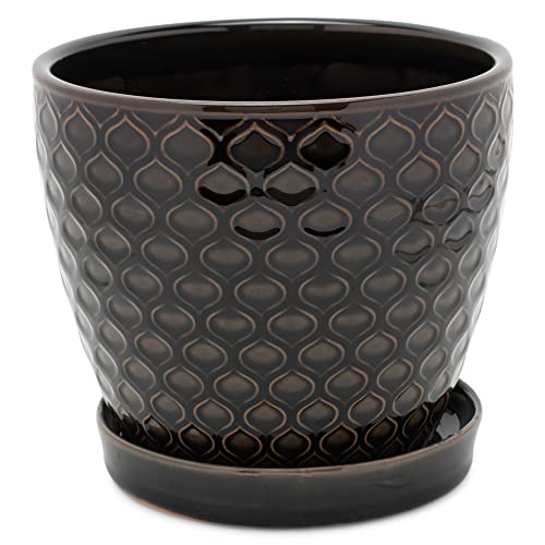 Napco Lattice Black Glazed 5.25 x 6 Inch Ceramic Flower Pot Planter with Saucer