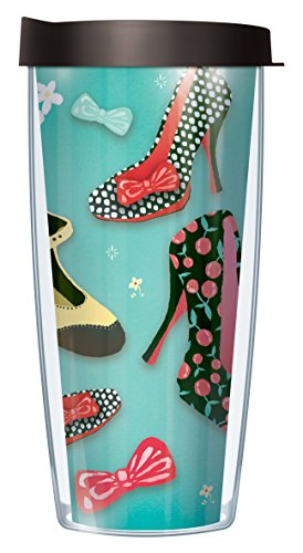 Freeheart Signature Tumblers Vintage Shoes and Bows Wrap on Teal 16 Ounce Double-Walled Travel Tumbler Mug with Black Easy Sip Lid