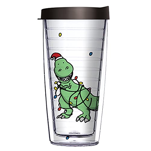 Comfy Hour Christmas Dinosaur and Seasonal Lighting Design 16 oz Clear Tumbler with Black Lid