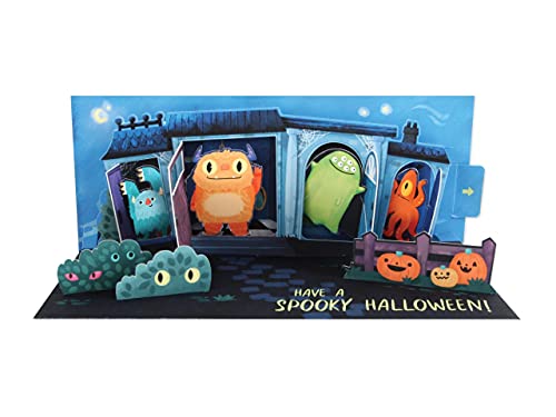 Up with Paper A385LIT Panoramic Haunted Monsters with Lights Halloween Greeting Card, 9-inch Length
