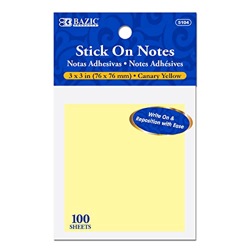 BAZIC Sticky Notes 3x3 Canary Yellow Colors Post Stickies Self Stick Note, Colorful Adhesive Memo Pads, Recyclable (100 Sheets/Pack), 1-Pack