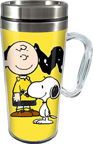 Spoontiques - Ceramic Travel Coffee Mug with Lid and Handle - Spill Proof Lid - Double Walled Cup for Hot and Cold Beverages - Microwave and Dishwasher Safe - Peanuts Insulated Travel Mug