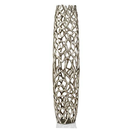 Modern Day Accents Silver Rama XL Barrel, Statement Piece, Aluminum, Modern, Rough, Twig, Texture, Floor Standing, Tall, Vase, 9" x 9" x 40", X-Large