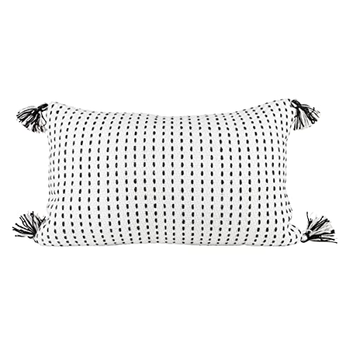 Foreside Home & Garden White with Black Tick Stripe 14X22 Hand Woven Filled Outdoor Pillow
