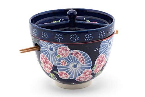 FMC Fuji Merchandise Mira Design Japanese Design Quality Ceramic Ramen Udong Soba Tempura Noodle Bowl with Chopsticks and Condiment Lid 6 Inch Diameter (Hydrangea Ajisai)