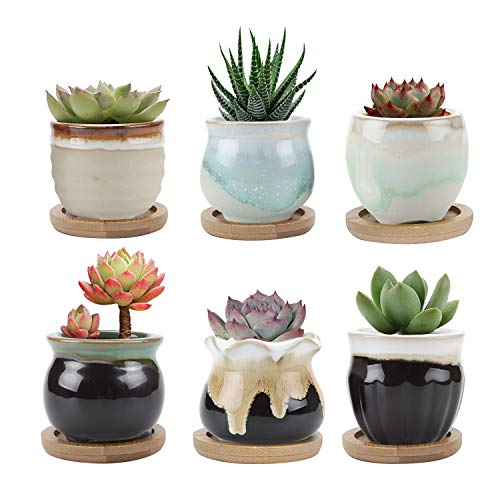 T4U Small Ceramic Succulent Planter Pots with Bamboo Tray Set of 6, Sagging Glazed Porcelain Handicraft as Gift for Mom Sister Aunt Best for Home Office Restaurant Table Desk Window Sill Decoration