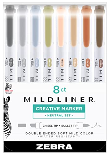 Zebra Pen Mildliner Double Ended Highlighter, Broad and Fine Point Tips, Assorted Neutral Vintage Ink Colors, 8-Pack
