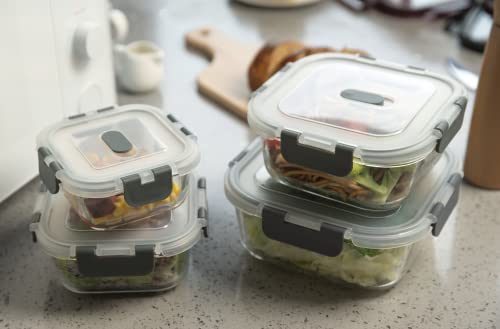 GENICOOK 8pc Square Borosilicate Glass Container with Vented Lid Set, Microwavable, Dark Grey