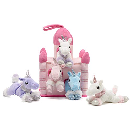 Unipak 12" Plush Castle - 5 Stuffed Animals in a Castle Carrying Case (Unicorns Pink Castle)