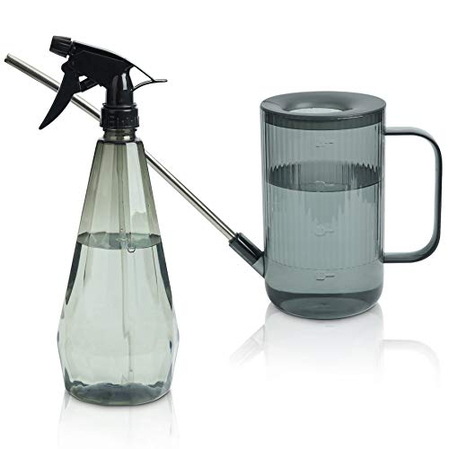 T4U 1L Watering Can Long Spout Plastic, Stainless Steel Spout Water Can with Fine Mist Spray Bottle for Indoor Outdoor Use, Modern Water Sprayer Bottle with Handle for Gardening and Cleaning (Grey)