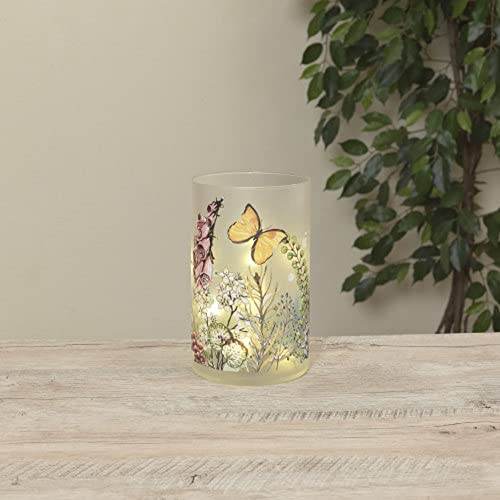 Gerson International Frosted Glass Flower & Butterfly Design Luminary, 8-inch Height, Battery Operated Lighted