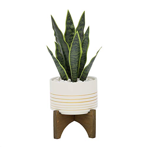 Flora Bunda Artificial Succulent Faux Plant 5.25" Succulent Mix in White and Gold Lines Ceramic Pot on Wood Stand, Plant and Pot 12" Tall, 4.75" Pot Opening, Plant 5.25" Wide, Home Office Decorations