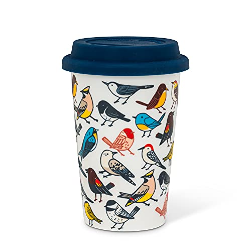 Abbott Collection  27-BIRDWATCH-TOGO Allover Birds Travel Mug, 5.5"H, Multi/Navy Blue