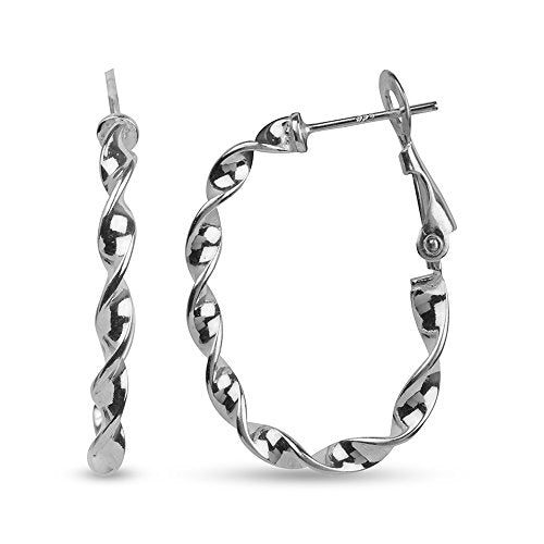 LeCalla Sterling Silver Jewelry Clutchless Paddle Back Oval Twisted Tube Hoop Earrings Medium Size for Women