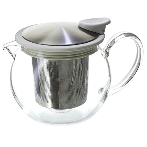 FORLIFE Bola Glass Teapot with Basket Infuser, 15-Ounce/444ml, White