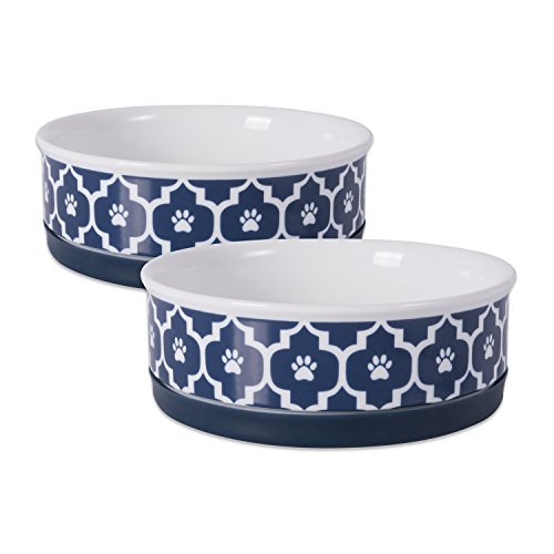DII Design Bone Dry Lattice Collection Pet Bowl & Canister, Medium Round - 6 x 6 x 2", Nautical Blue, 2 Piece