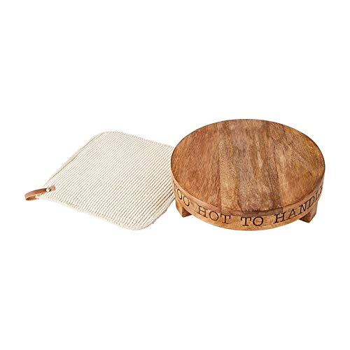 Mud Pie Wooden Trivet and Pot Holder Set, Too Hot To Handle, 8" x 8" 9" x 9", Brown