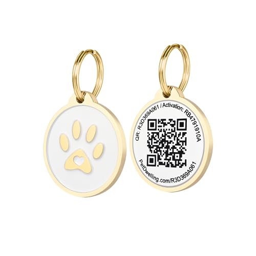 Pet Dwelling 2D QR Code Pet ID Tag - Dog Tags - Cat Tags - Online Pet Profile - Instant Email Alert of Scanned QR Tag Location(Gold White Paw)
