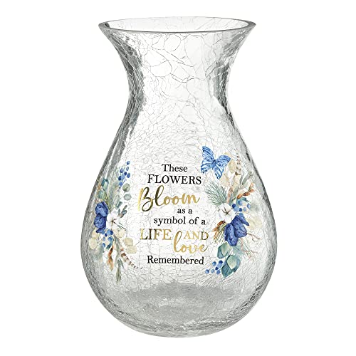 Blue Sky Clayworks Lillian Rose Crackle Glass Memorial Flower Vase with Sympathy Verse, One Size, Blue