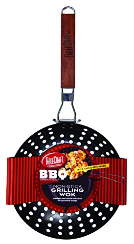 TableCraft BBQ19H BBQ Nonstick Grill Wok with Wood Handle, Small, Steel
