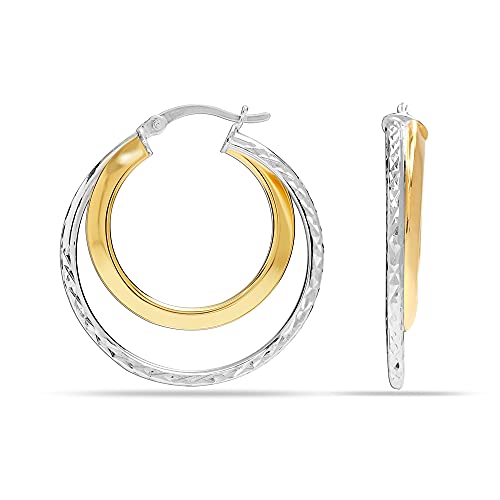 LeCalla Sterling Silver Jewelry Two-Tone Diamond-Cut Double-Circle Click-Top Hoop Earrings for Women 30 MM