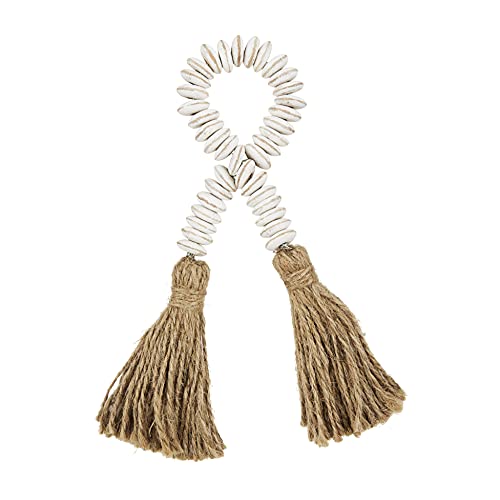 Mud Pie Beaded Tassel Napkin Ring, 4-inch, White, Mango Wood