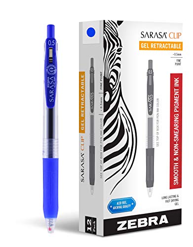 Zebra Pen Sarasa Clip Retractable Gel Ink Pens, Fine Point, 0.5mm, Blue Ink, 12 Pack