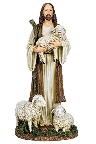Roman Shepherd With Sheep Friends Golden Ivory 6 x 12 Resin Stone Tabletop Figurine
