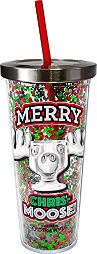 Spoontiques - Merry Chris-Moose - Acrylic Tumbler - Glitter Cup with Straw - 20 oz